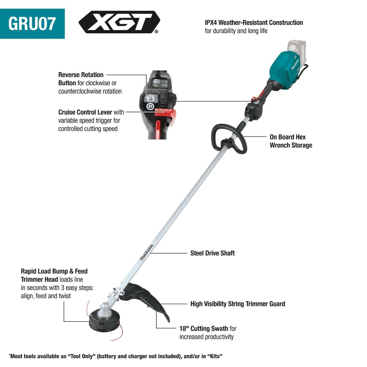 Makita GRU07T 40V Max XGT 18 inch Dual Rotation High Torque Brushless Cordless String Trimmer Kit (2 5.0Ah Batteries, Charger, Shoulder Strap) - 2