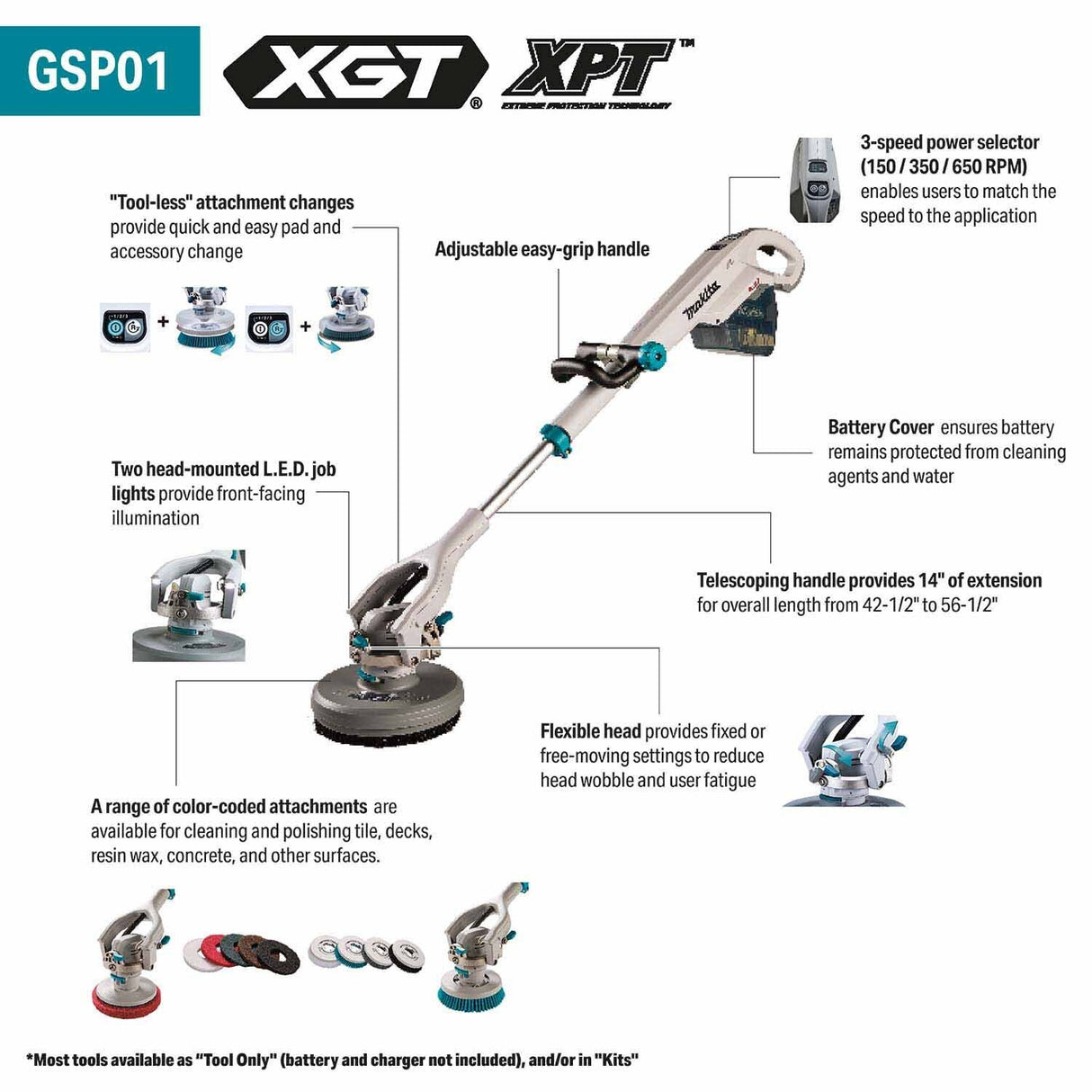 Makita GSP01M1 40V max XGT Brushless Cordless Telescoping 8" Polisher/Scrubber Kit w/4.0Ah Battery - 3