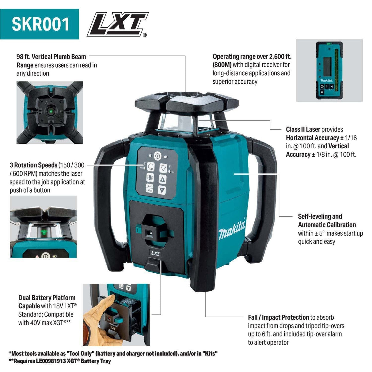 Makita SKR001Z 18V LXT Green Dual Slope 360 Degree Rotary Laser Level 2600 ft with Case (Tool Only) - 2