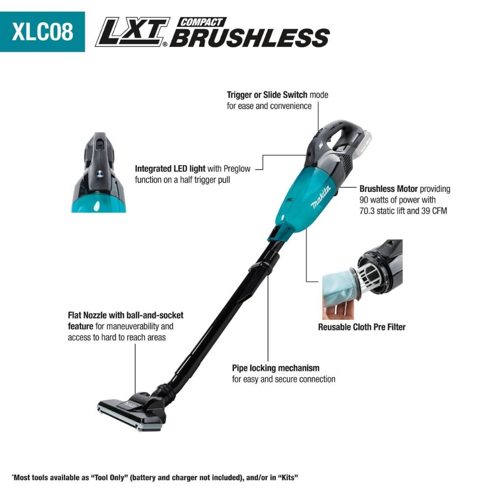 Makita XLC08ZB 18V LXT Lithium-ion Compact Brushless Cordless Vacuum, Trigger w/ Lock (Tool Only) - 2