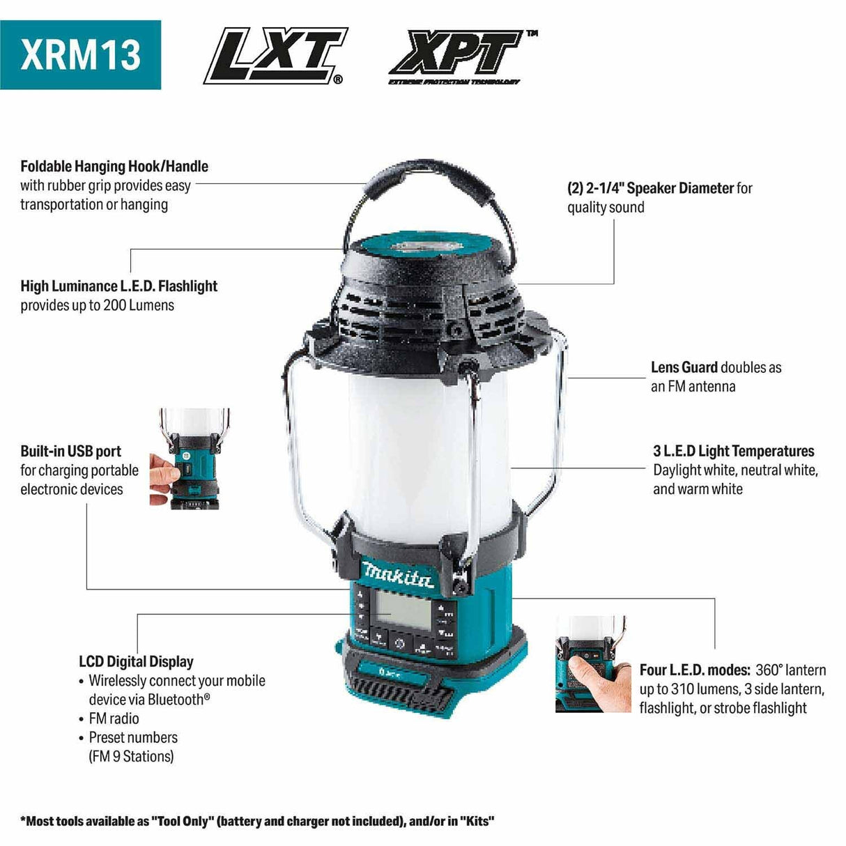 Makita XRM13 18V LXT Lithium-Ion Cordless Bluetooth Radio/LED Lantern, Tool Only - 2