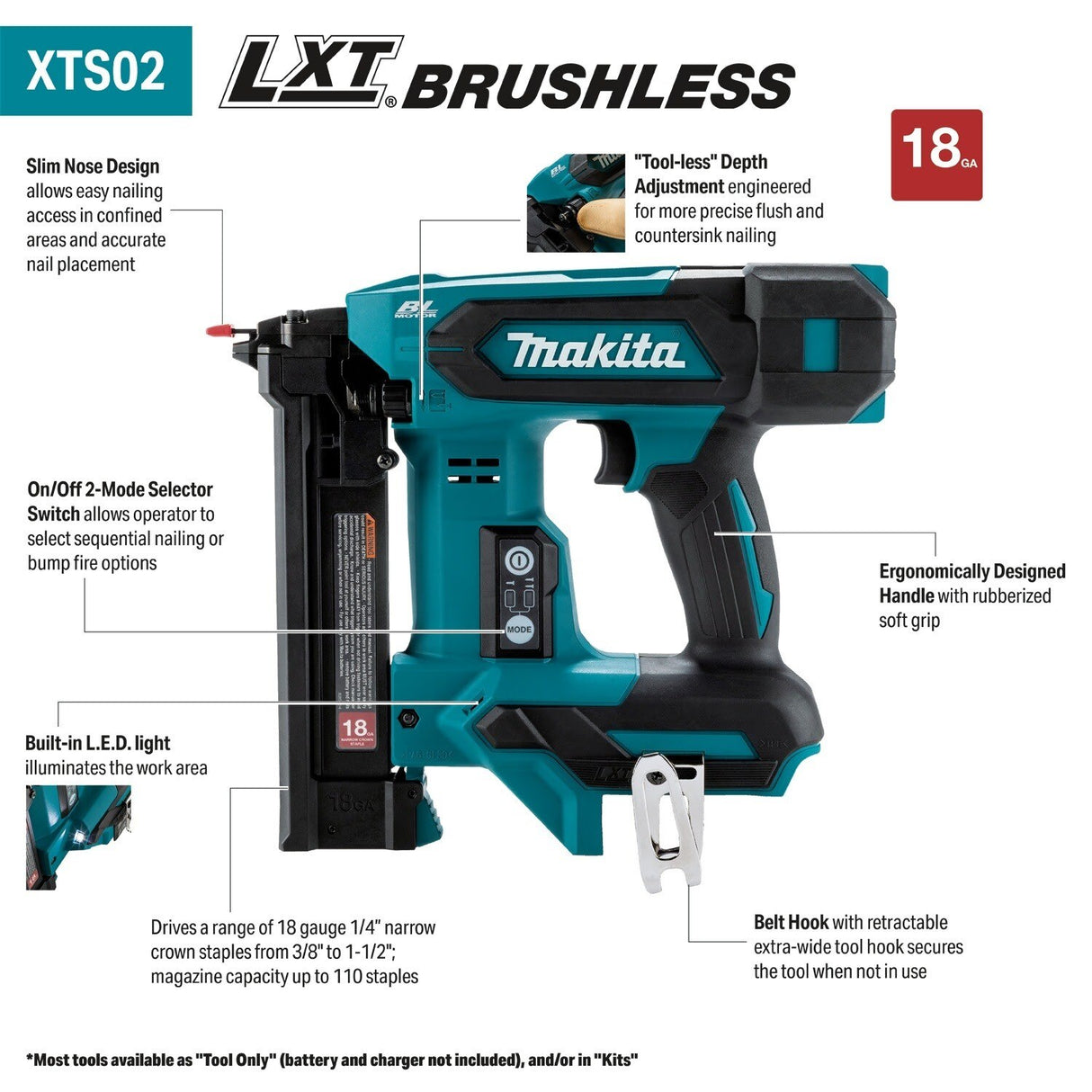 Makita XTS02Z 18V LXT Lithium-Ion Brushless Cordless 1/4” Narrow Crown Stapler, 18 Gauge, Tool Only - 2