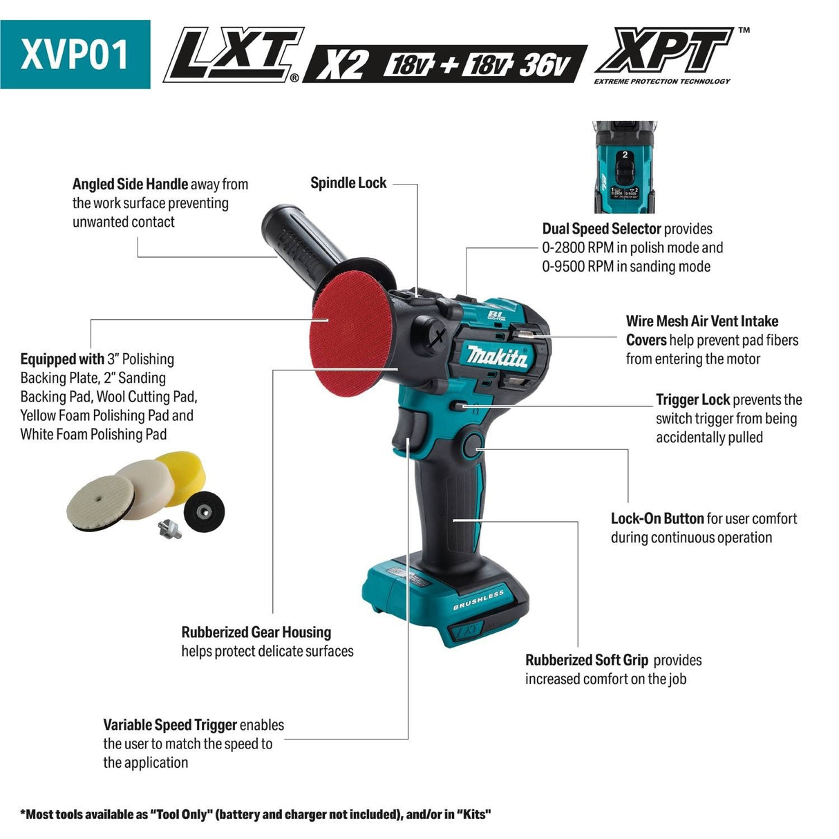 Makita XVP01Z 18V LXT Lithium?Ion Brushless Cordless 3" Polisher / 2" Sander, Tool Only - 2