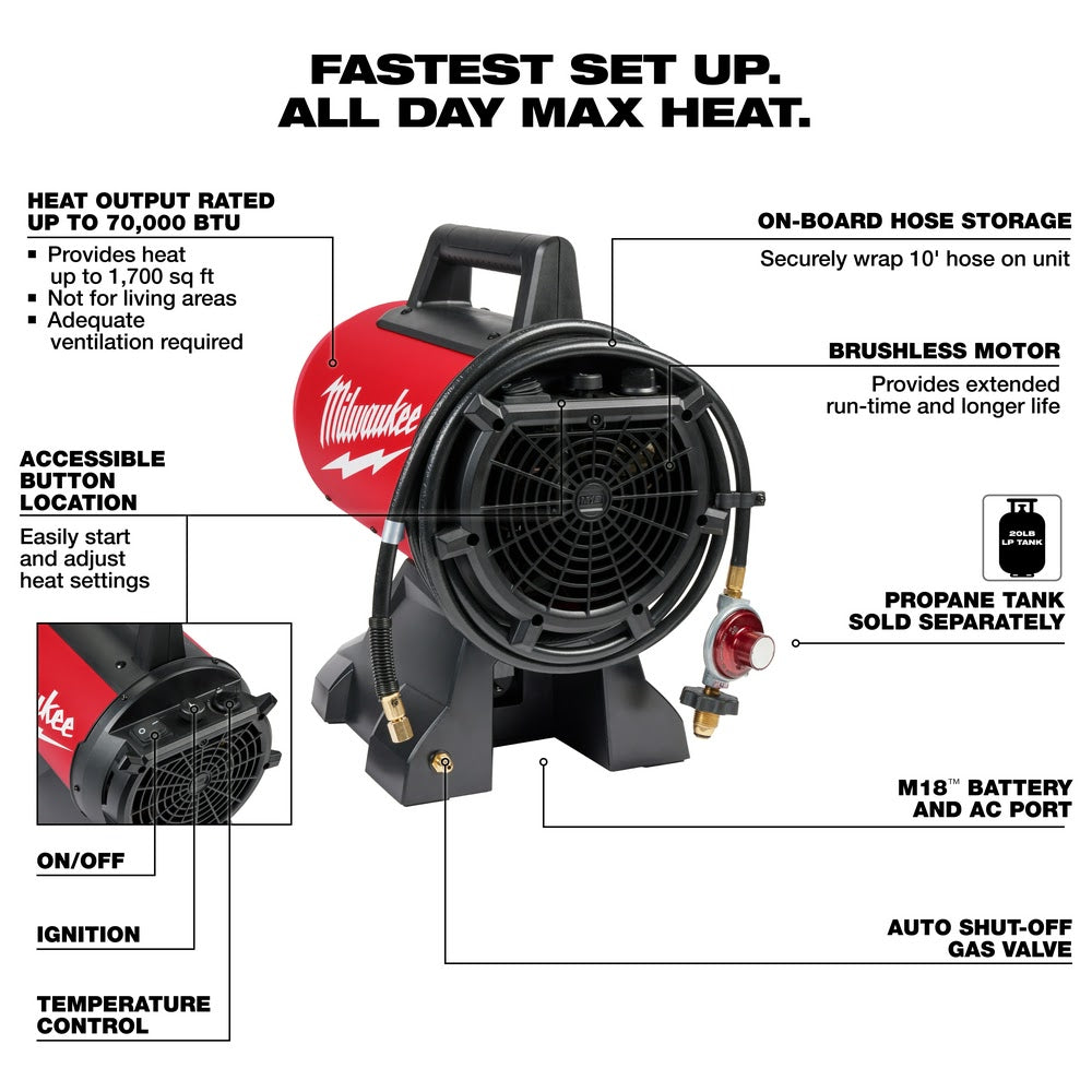 Milwaukee 0801-20 M18 70,000 BTU Forced Air Propane Heater - 3