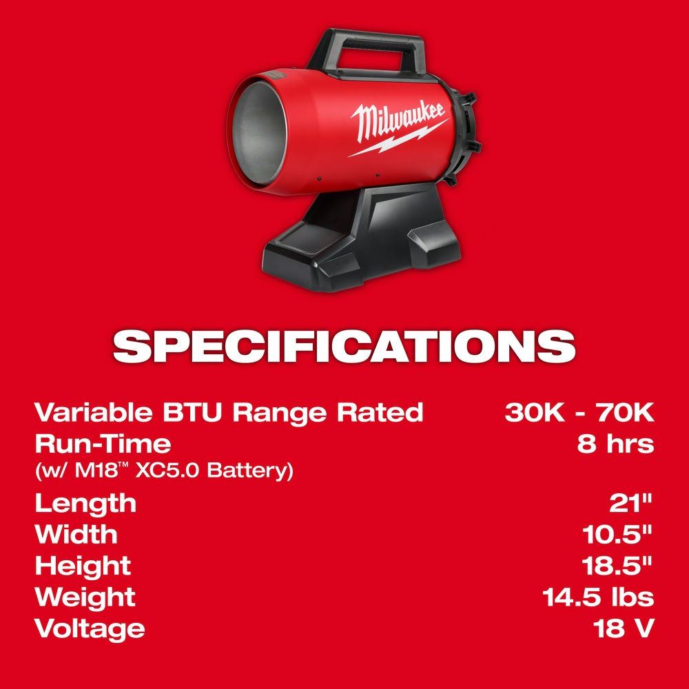 Milwaukee 0801-20 M18 70,000 BTU Forced Air Propane Heater - 5