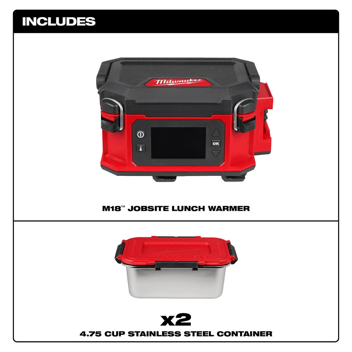 Milwaukee 0811-20 M18 Jobsite Lunch Warmer with Stainless Steel Containers (2 Containers) - 6