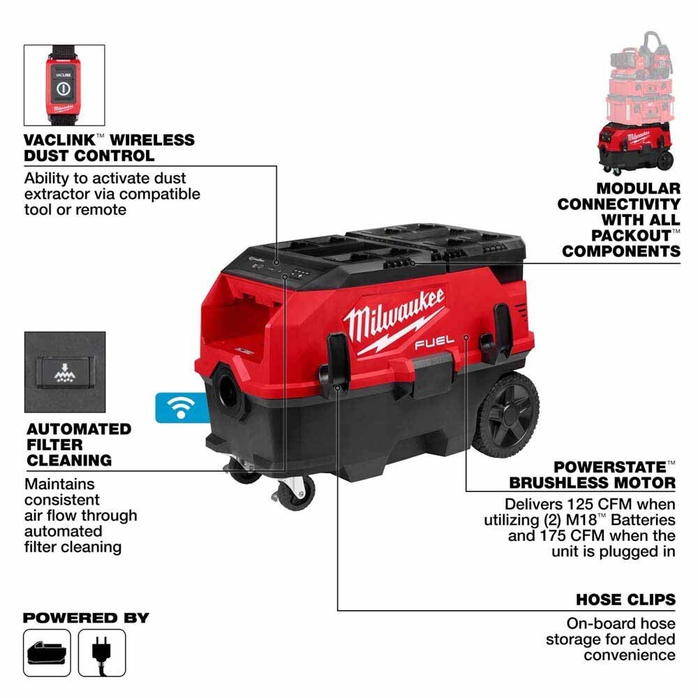 Milwaukee 0888-20 M18 FUEL 9 Gallon Dual Battery Dust Extractor with PACKOUT Compatibility - 2