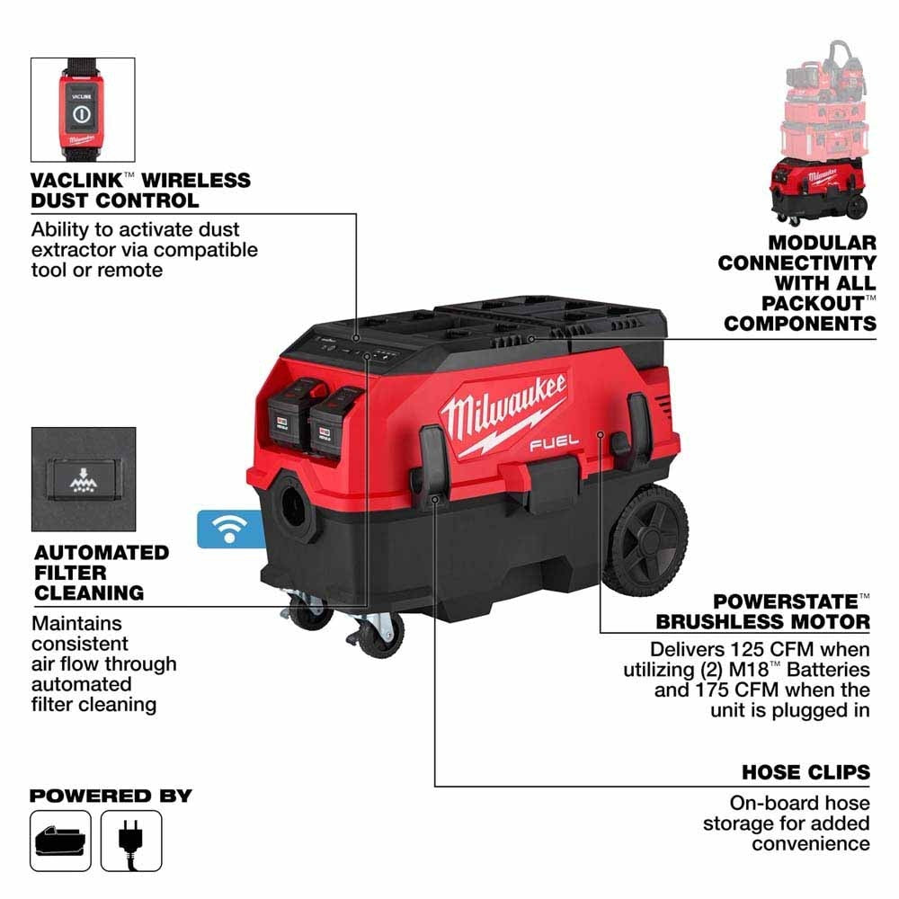 Milwaukee 0888-22HD M18 FUEL 9 Gallon Dual Battery Dust Extractor Kit with PACKOUT Compatibility - 2