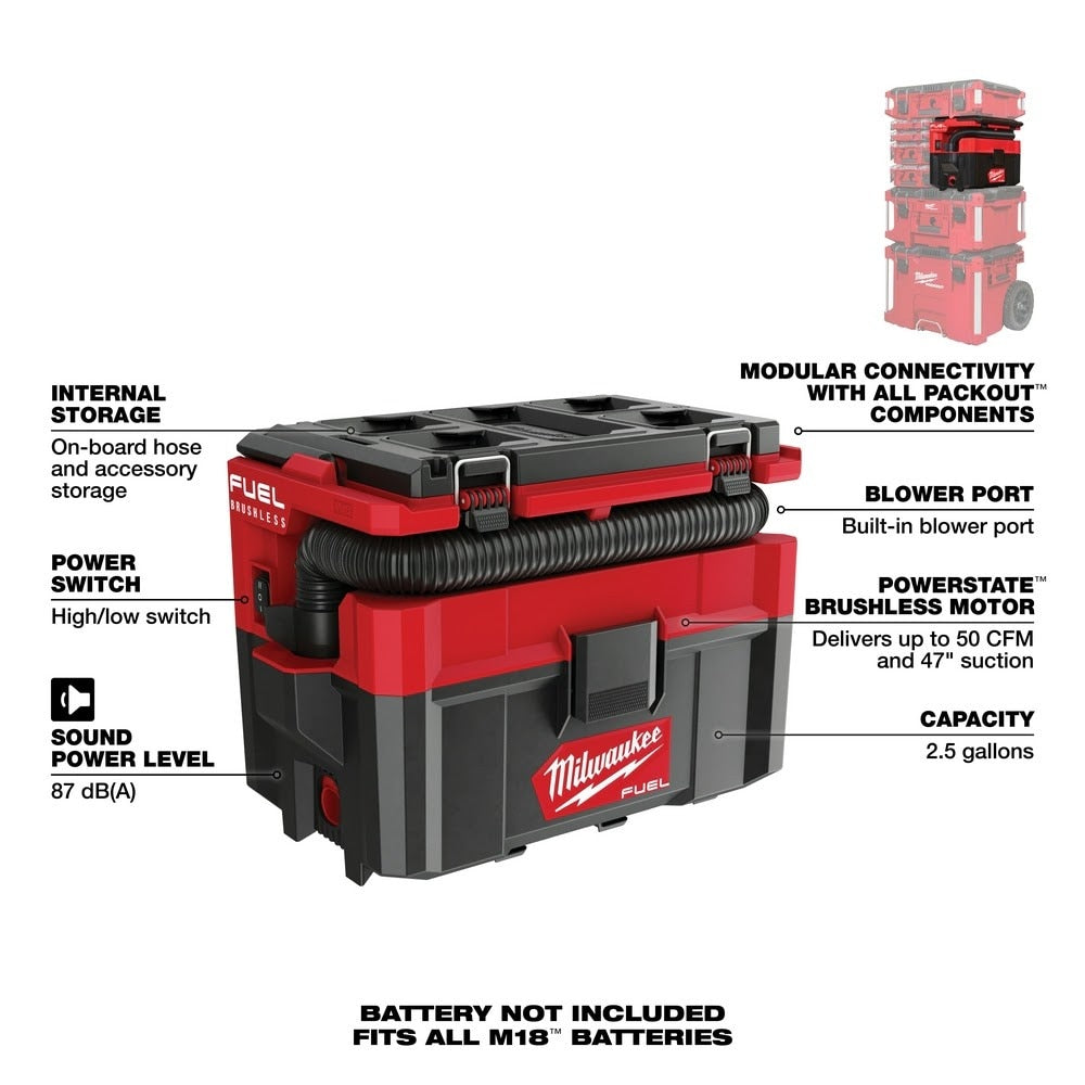 Milwaukee 0970-20 M18 FUEL PACKOUT 2.5 Gallon Wet/Dry Vacuum - 7