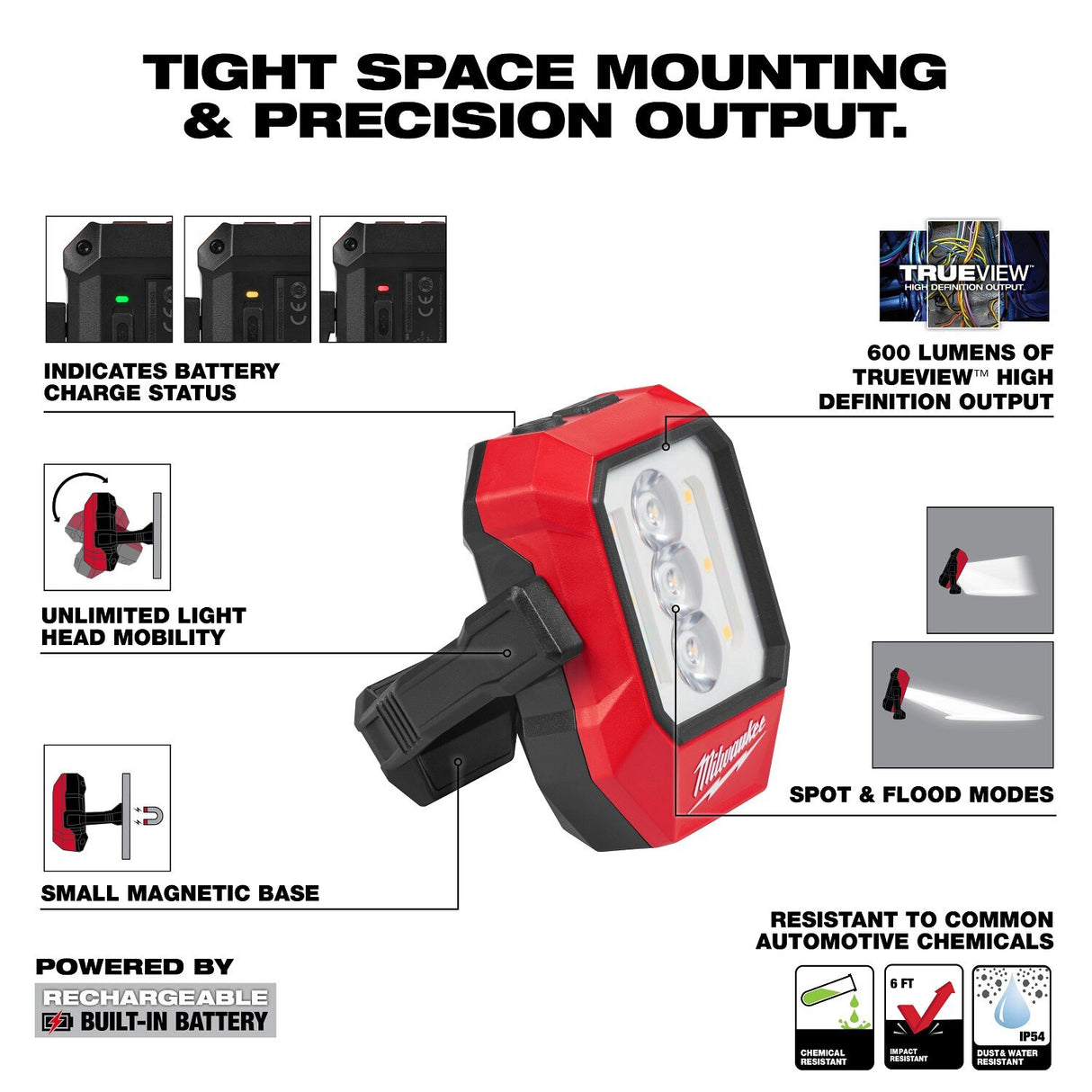 Milwaukee 2015R Rechargeable Pivoting Task Light with Spot Mode 600-Lumen USB-C Rechargeable - 3
