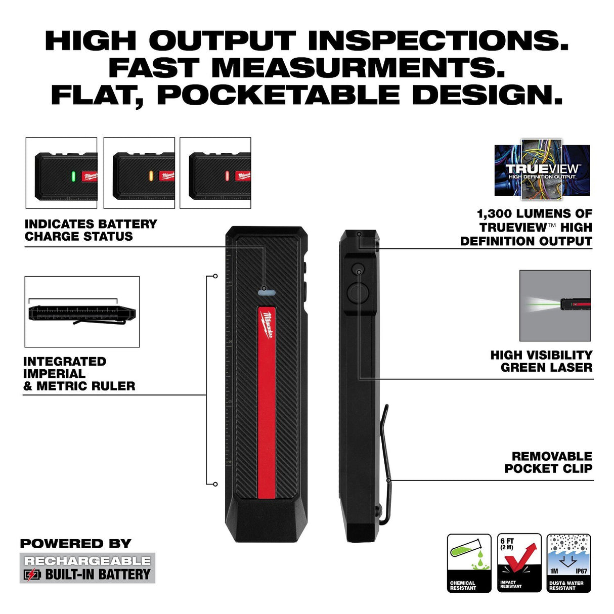 Milwaukee 2016R Rechargeable Flat Flashlight with Green Laser 1300 Lumens - 3