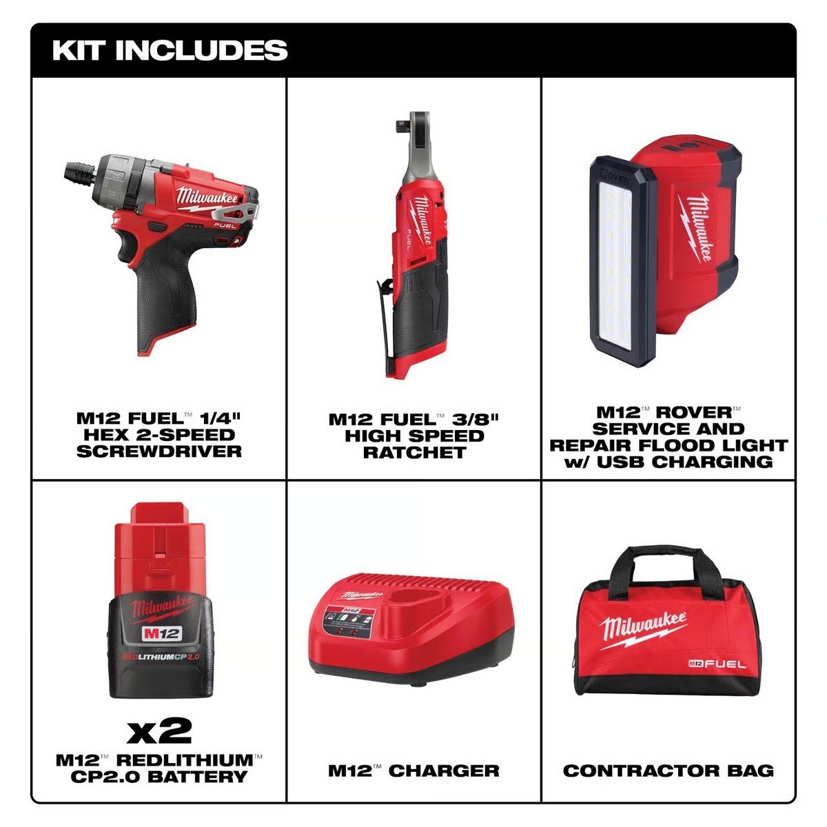 Milwaukee 2401-23B M12 Fuel Brushless Screwdriving Kit with 1/4" Screwdriver 3/8" Ratchet and Flood Light (6 Piece) - 2