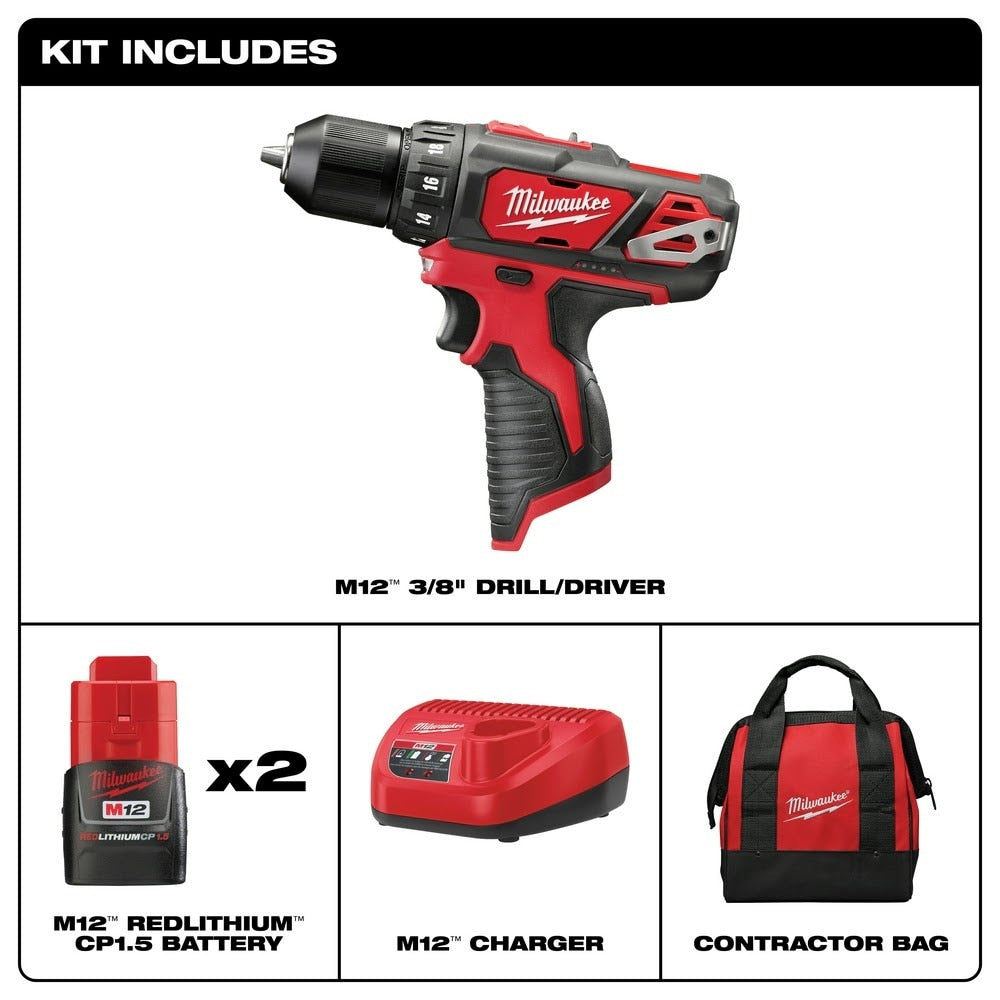 Milwaukee 2407-22 M12 3/8" Cordless Drill Driver Kit with Charger and Carrying Case (2 Batteries) - 2