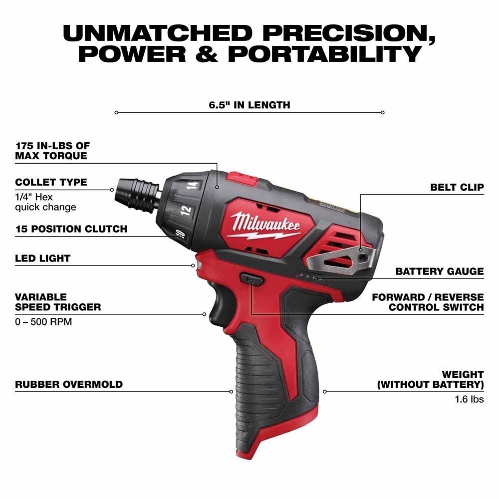 Milwaukee 2492-24 M12 12V Cordless 4-Tool Combo Kit with Screwdriver, Ratchet, Light and Inflator (Two 2.0Ah Batteries) - 3