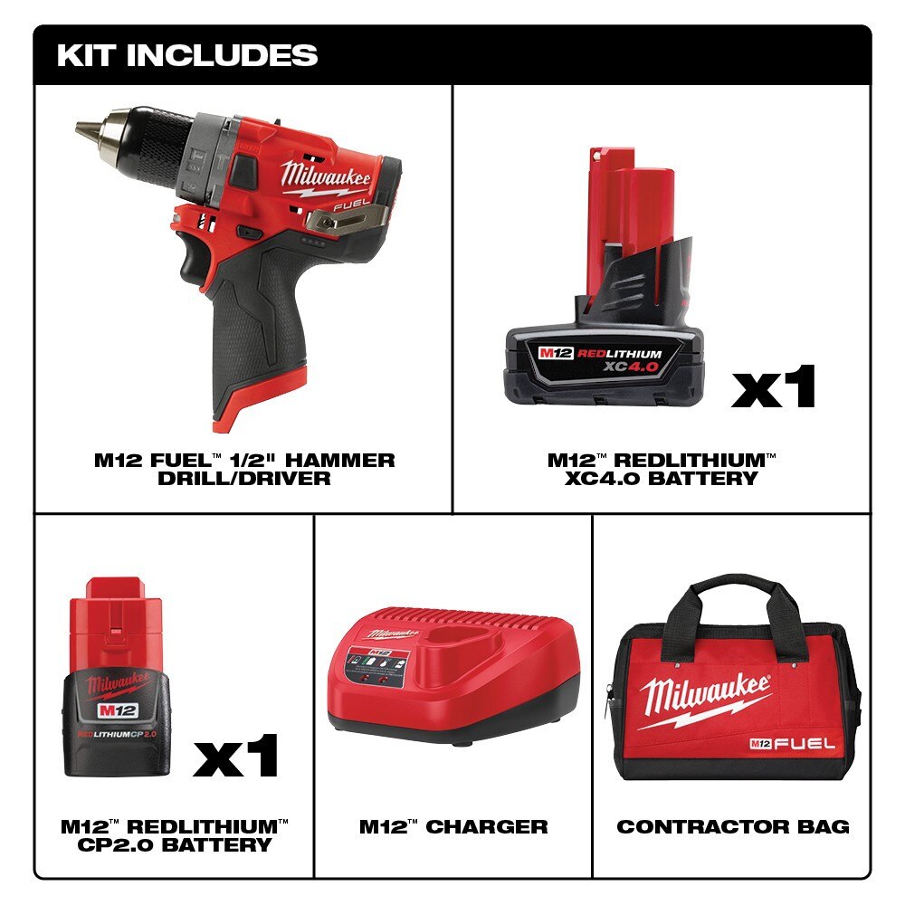 Milwaukee 2504-22 M12 FUEL 1/2" Hammer Drill Kit with Charger and Carrying Case (2 Batteries) - 2