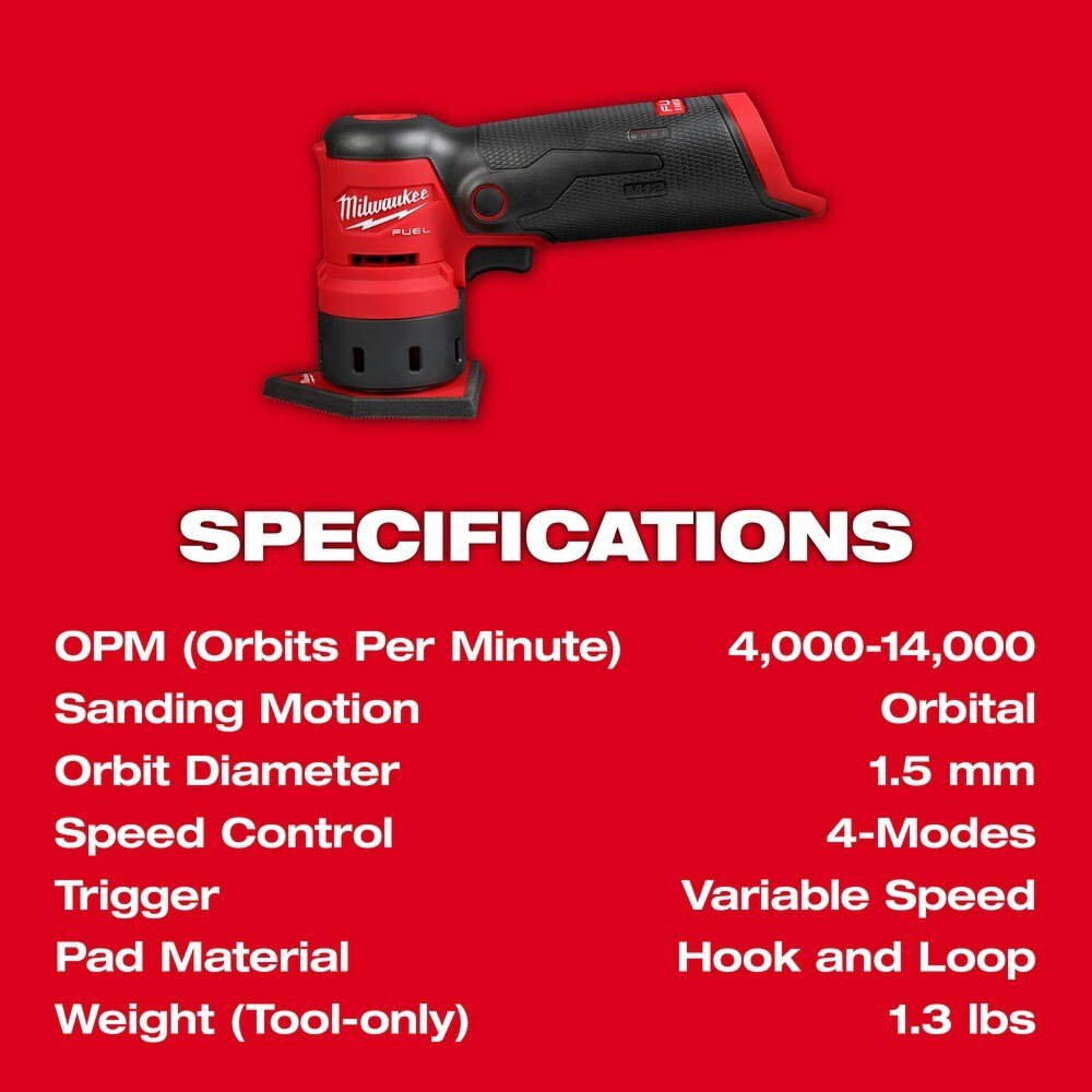 Milwaukee 2531-20 M12 FUEL Orbital Detail Sander - 9