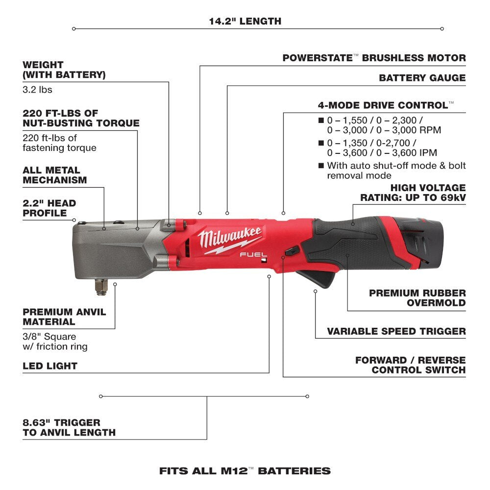 Milwaukee 2564-22 M12 FUEL 3/8" Right Angle Impact Wrench Kit - 8