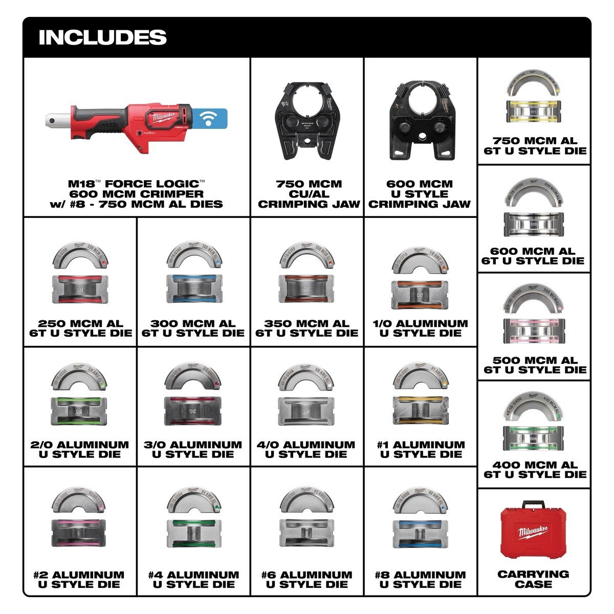 Milwaukee 2679-750AL M18 FORCE LOGIC 600 MCM Aluminum Crimper with 750 MCM Expanded Jaw Kit (Dies and Case) - 3