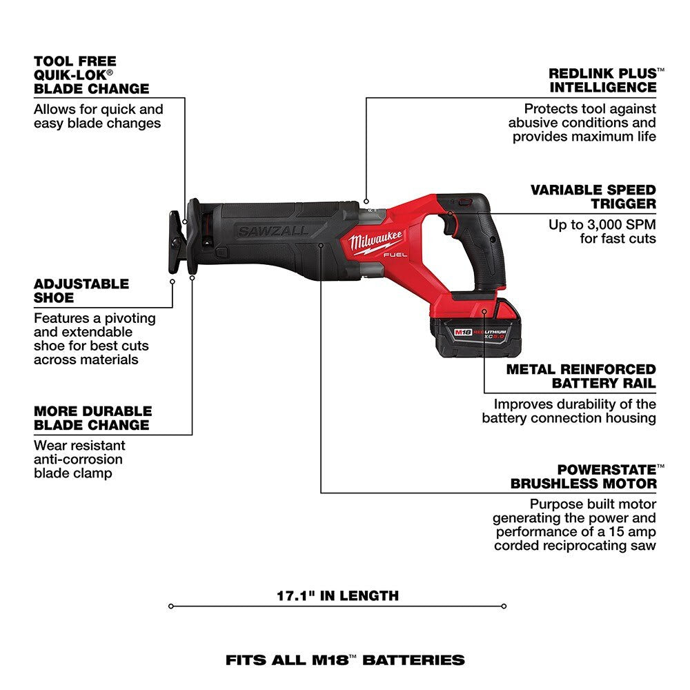 Milwaukee 2821-21 M18 FUEL™ SAWZALL® Recip Saw - 1 Battery XC5.0 Kit - 14