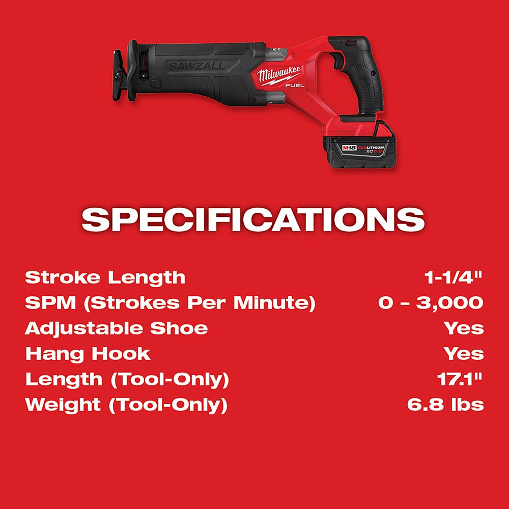 Milwaukee 2821-21 M18 FUEL™ SAWZALL® Recip Saw - 1 Battery XC5.0 Kit - 16
