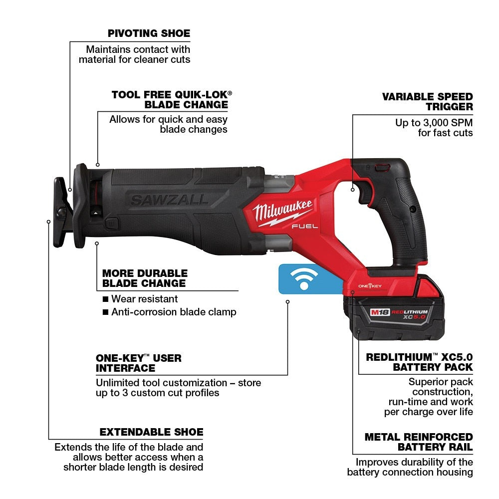 Milwaukee 2822-22 M18 FUEL™ SAWZALL® Recip Saw W/ One-Key™- 2 battery XC5.0 Kit - 17