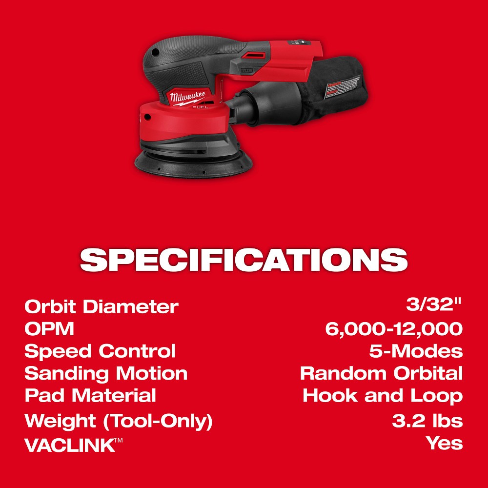 Milwaukee 2837-20 M18 FUEL 5" Random Orbital Sander with Brushless Motor - 9