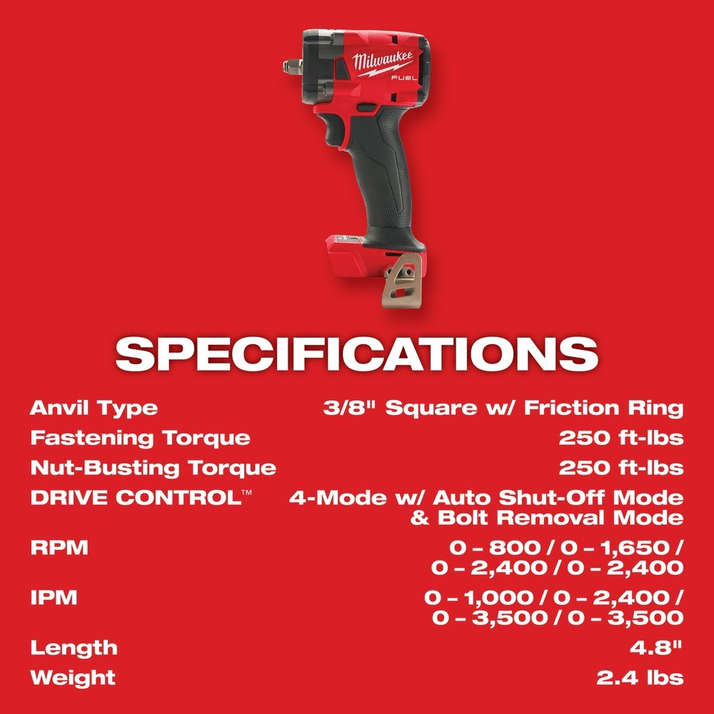 Milwaukee 2854-80 M18 FUEL 3/8" Compact Impact Wrench w/ Friction Ring Bare Tool (Reconditioned) - 8