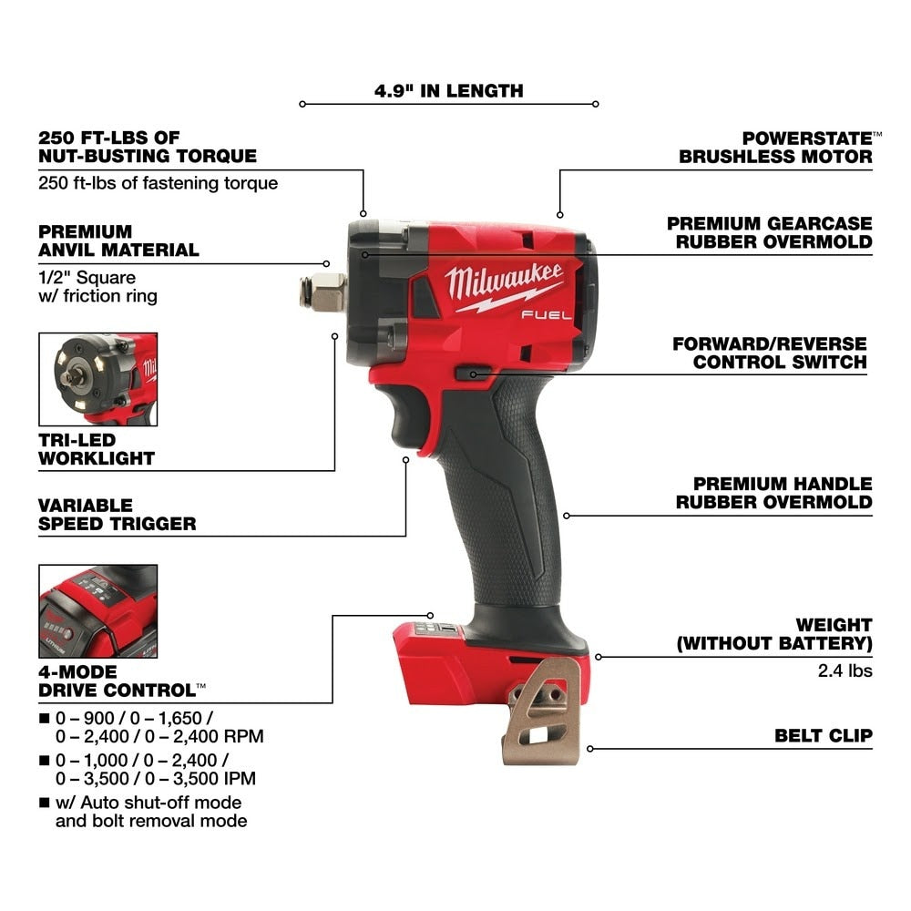 Milwaukee 2855-20 "M18 FUEL™ 1/2 " Compact Impact Wrench w/ Friction Ring Bare Tool " - 4