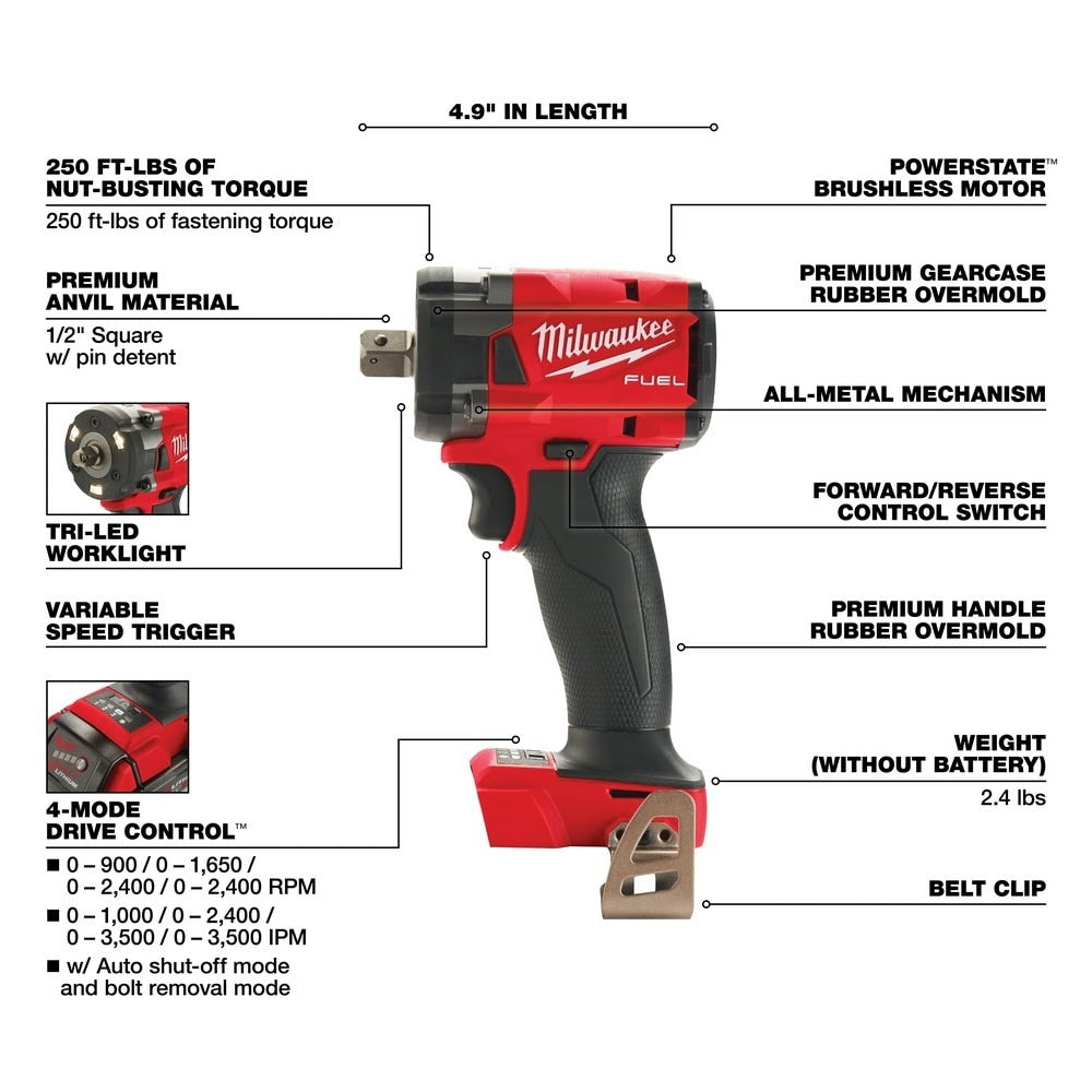 Milwaukee 2855P-20 "M18 FUEL™ 1/2 " Compact Impact Wrench w/ Pin Detent Bare Tool " - 4