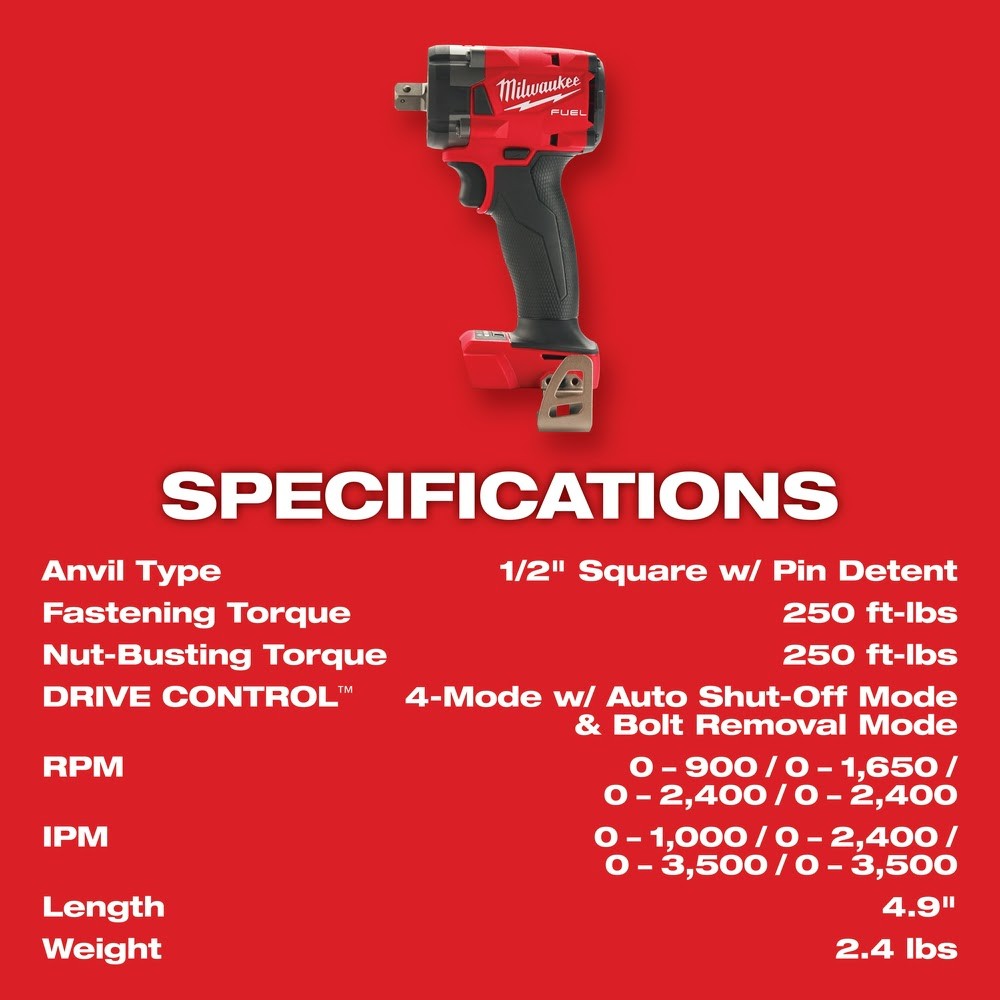 Milwaukee 2855P-20 "M18 FUEL™ 1/2 " Compact Impact Wrench w/ Pin Detent Bare Tool " - 8