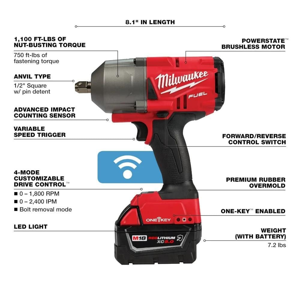 Milwaukee 2862-22R M18 FUEL w/ ONE-KEY High Torque Impact Wrench 1/2" Pin Detent Kit - 2