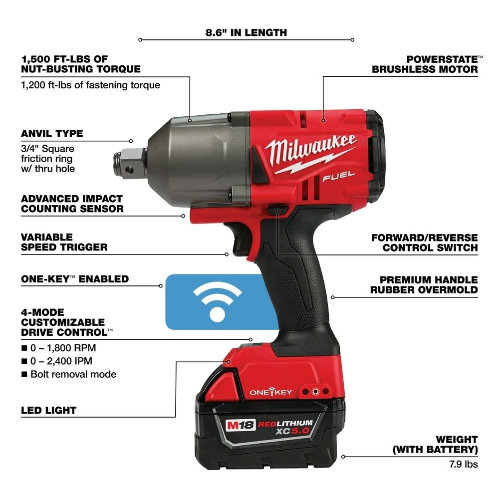 Milwaukee 2864-22 M18 FUEL ONE-KEY High Torque Impact Wrench 3/4" Friction Ring Kit - 4
