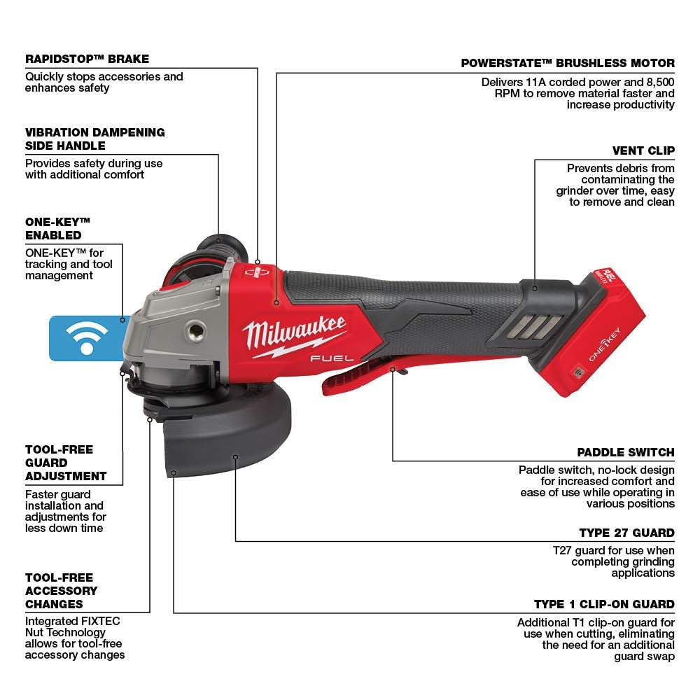 Milwaukee 2882-20 M18 FUEL™ 4-1/2" / 5" Braking Grinder w/ ONE-KEY™ Paddle Switch, No-Lock - 20
