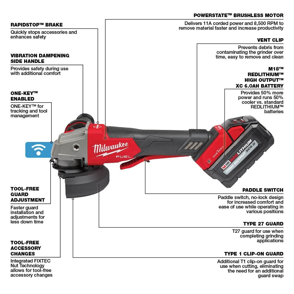 Milwaukee 2882-22 M18 FUEL™ 4-1/2" / 5" Braking Grinder w/ ONE-KEY™ Paddle Switch, No-Lock Kit - 18
