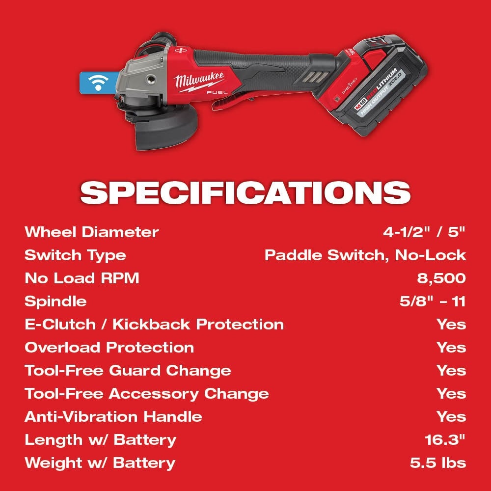 Milwaukee 2882-22 M18 FUEL™ 4-1/2" / 5" Braking Grinder w/ ONE-KEY™ Paddle Switch, No-Lock Kit - 20