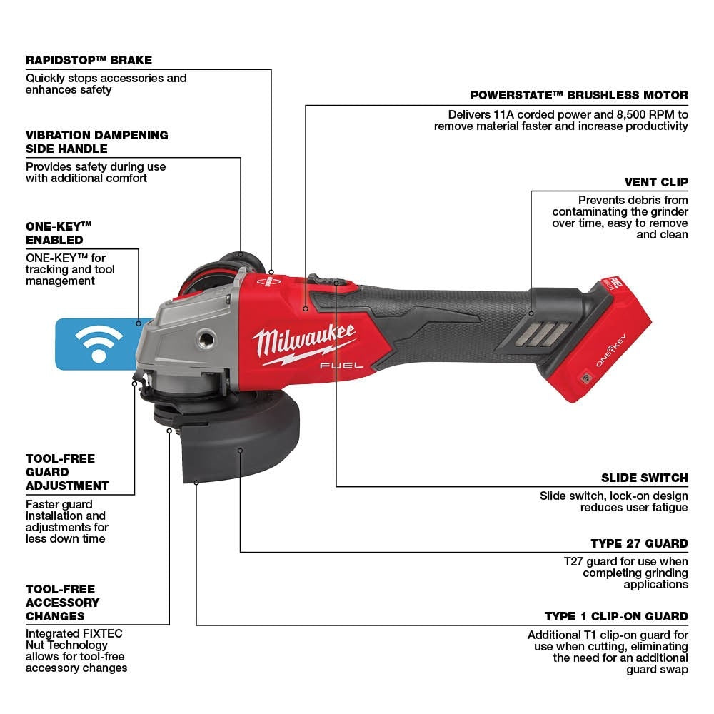 Milwaukee 2883-20 M18 FUEL™ 4-1/2" / 5" Braking Grinder w/ ONE-KEY™ Slide Switch, Lock-On - 19