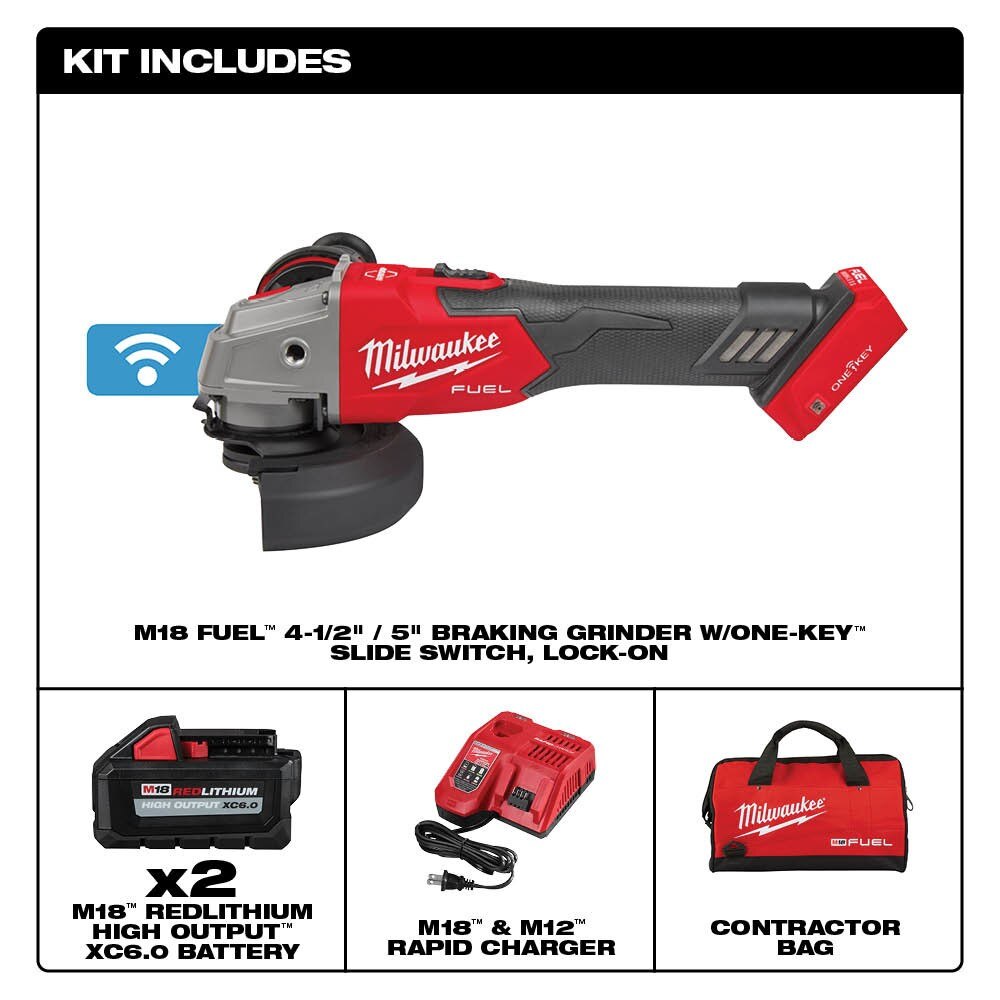 Milwaukee 2883-22 M18 FUEL™ 4-1/2" / 5" Braking Grinder w/ ONE-KEY™ Slide Switch, Lock-On Kit - 18