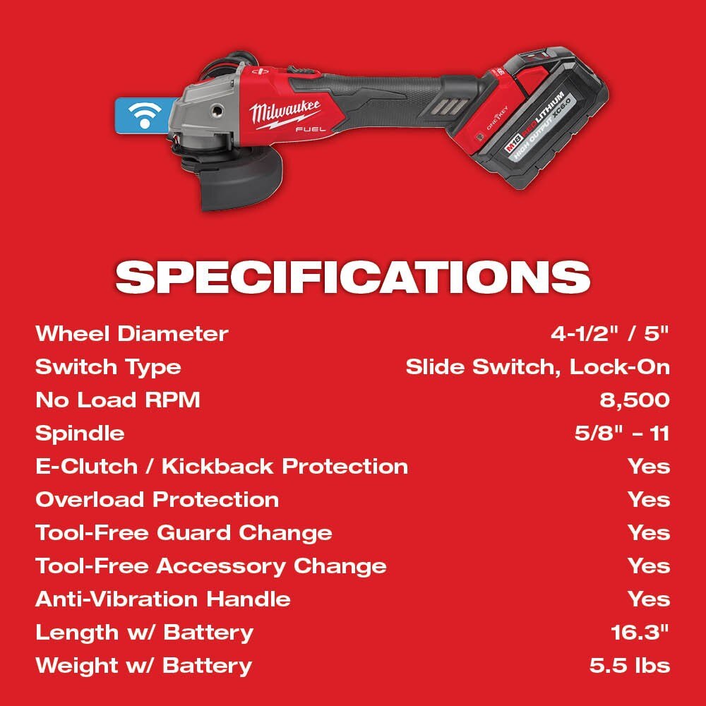 Milwaukee 2883-22 M18 FUEL™ 4-1/2" / 5" Braking Grinder w/ ONE-KEY™ Slide Switch, Lock-On Kit - 20