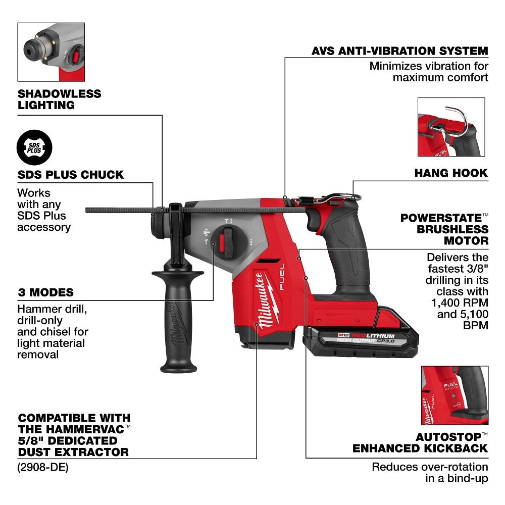 Milwaukee 2908-22DE M18 FUEL 5/8" SDS Plus Rotary Hammer w/ Dust Extractor Kit - 2