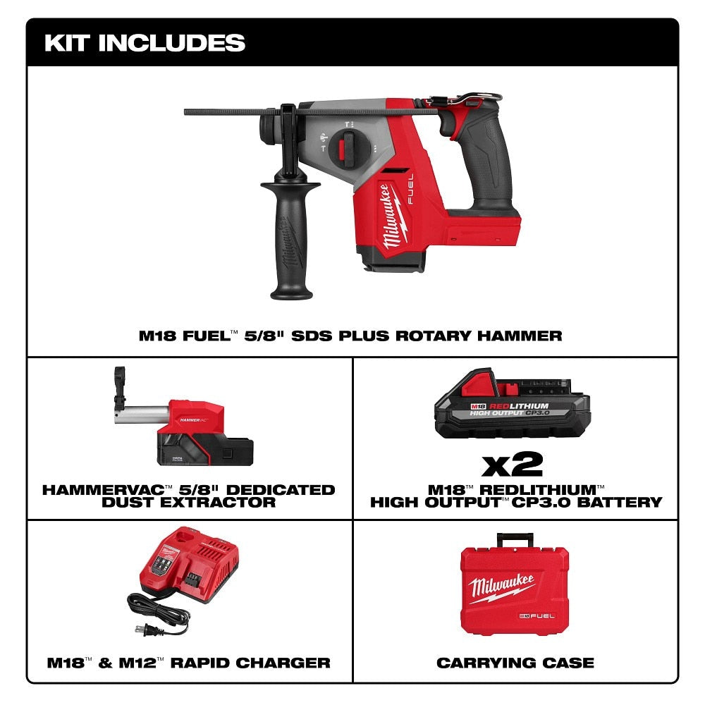 Milwaukee 2908-22DE M18 FUEL 5/8" SDS Plus Rotary Hammer w/ Dust Extractor Kit - 4