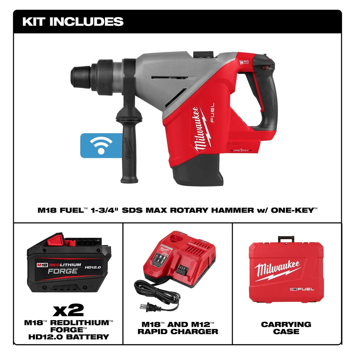 Milwaukee 2918-22HD M18 FUEL 1-3/4" SDS MAX Rotary Hammer Kit with ONE-KEY (2 Batteries, Charger) - 3