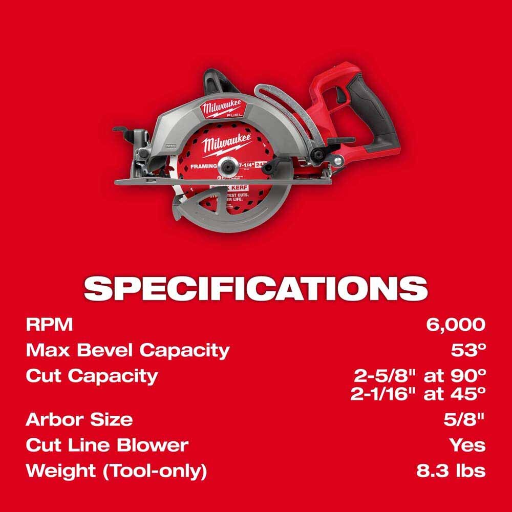 Milwaukee 2930-20 M18 FUEL 7-1/4" Rear Handle Circular Saw – Cordless, 2-5/8" Cut Capacity - 5