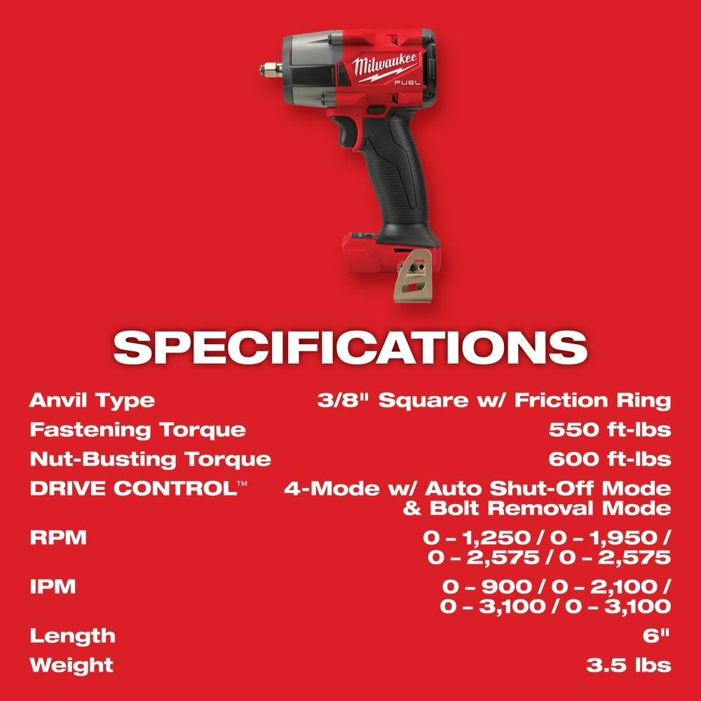 Milwaukee 2960-20 "M18 FUEL™ 3/8 " Mid-Torque Impact Wrench w/ Friction Ring Bare Tool " - 8