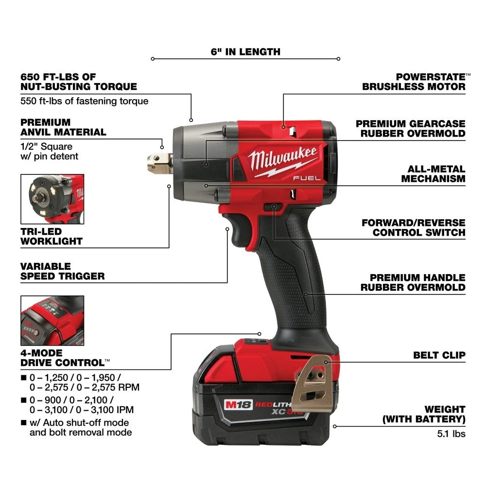 Milwaukee 2962P-22 "M18 FUEL™ 1/2 " Mid-Torque Impact Wrench w/ Pin Detent Kit " - 5