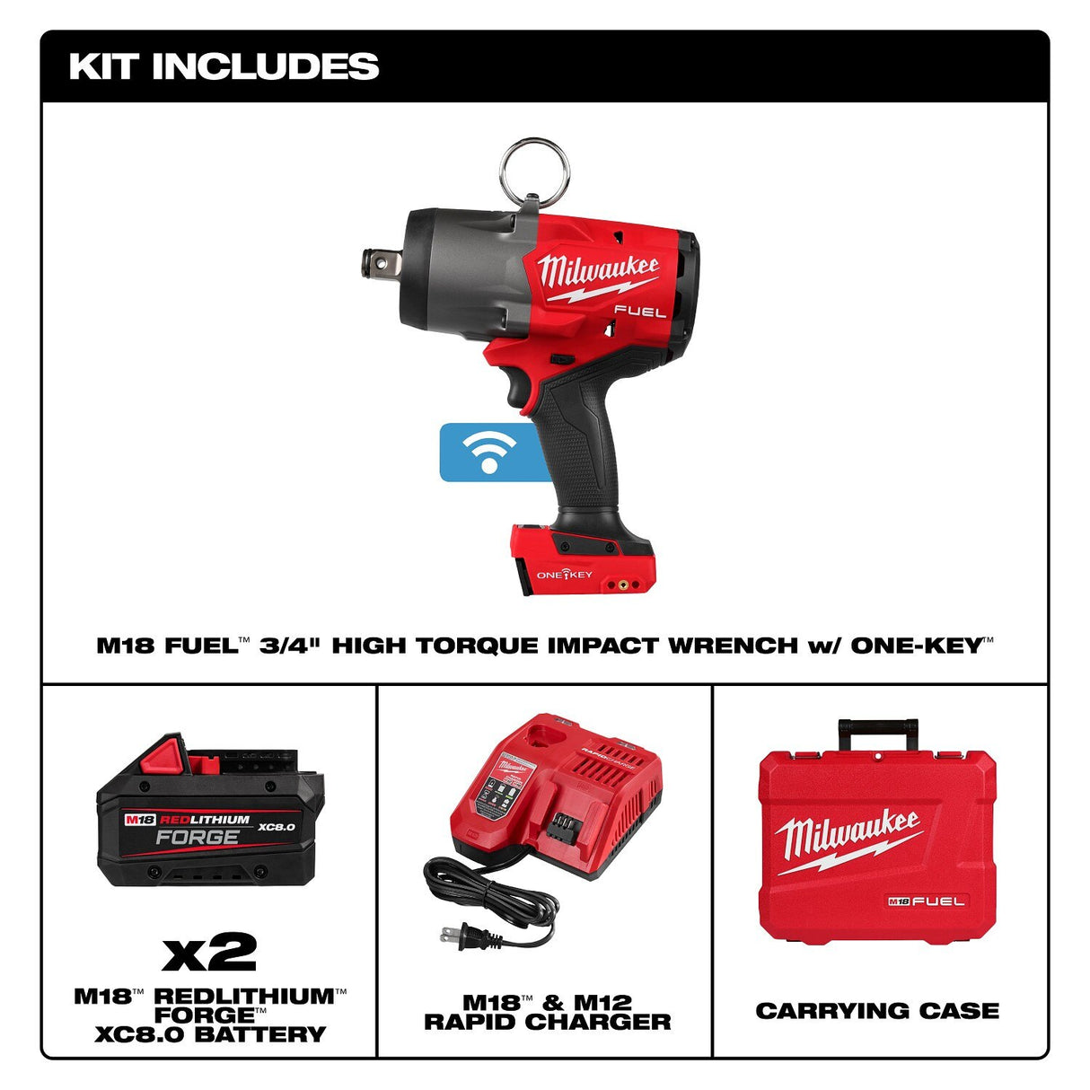 Milwaukee 2964-22 M18 FUEL 3/4" High Torque Impact Wrench Kit with ONE-KEY (2 Batteries) - 3