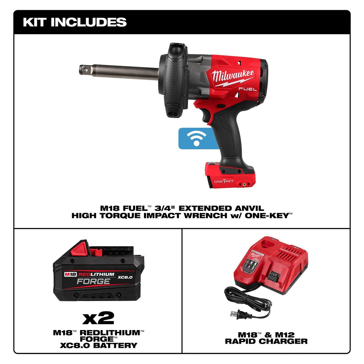 Milwaukee 2969-22 18V 3/4" Extended Anvil High Torque Impact Wrench Kit with ONE-KEY (2 Batteries, 1 Charger) - 3