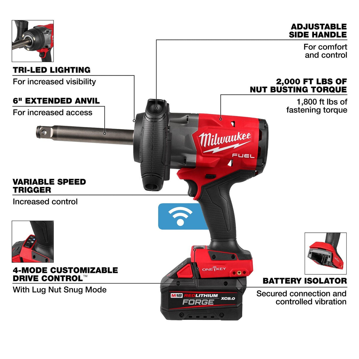 Milwaukee 2969-22 18V 3/4" Extended Anvil High Torque Impact Wrench Kit with ONE-KEY (2 Batteries, 1 Charger) - 4