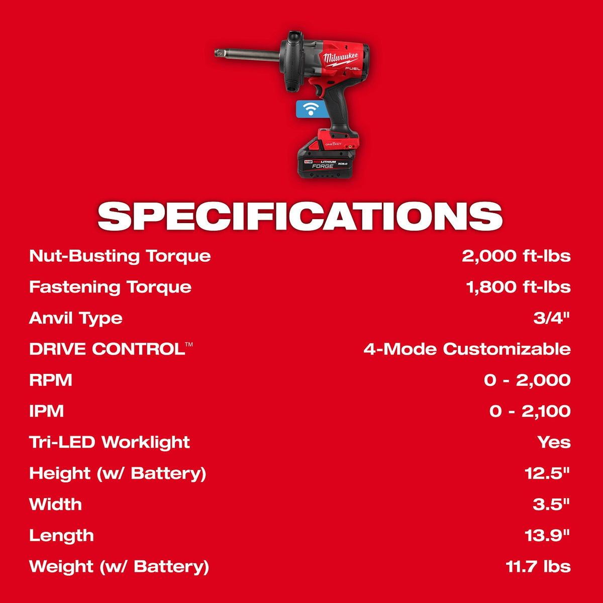 Milwaukee 2969-22 18V 3/4" Extended Anvil High Torque Impact Wrench Kit with ONE-KEY (2 Batteries, 1 Charger) - 11