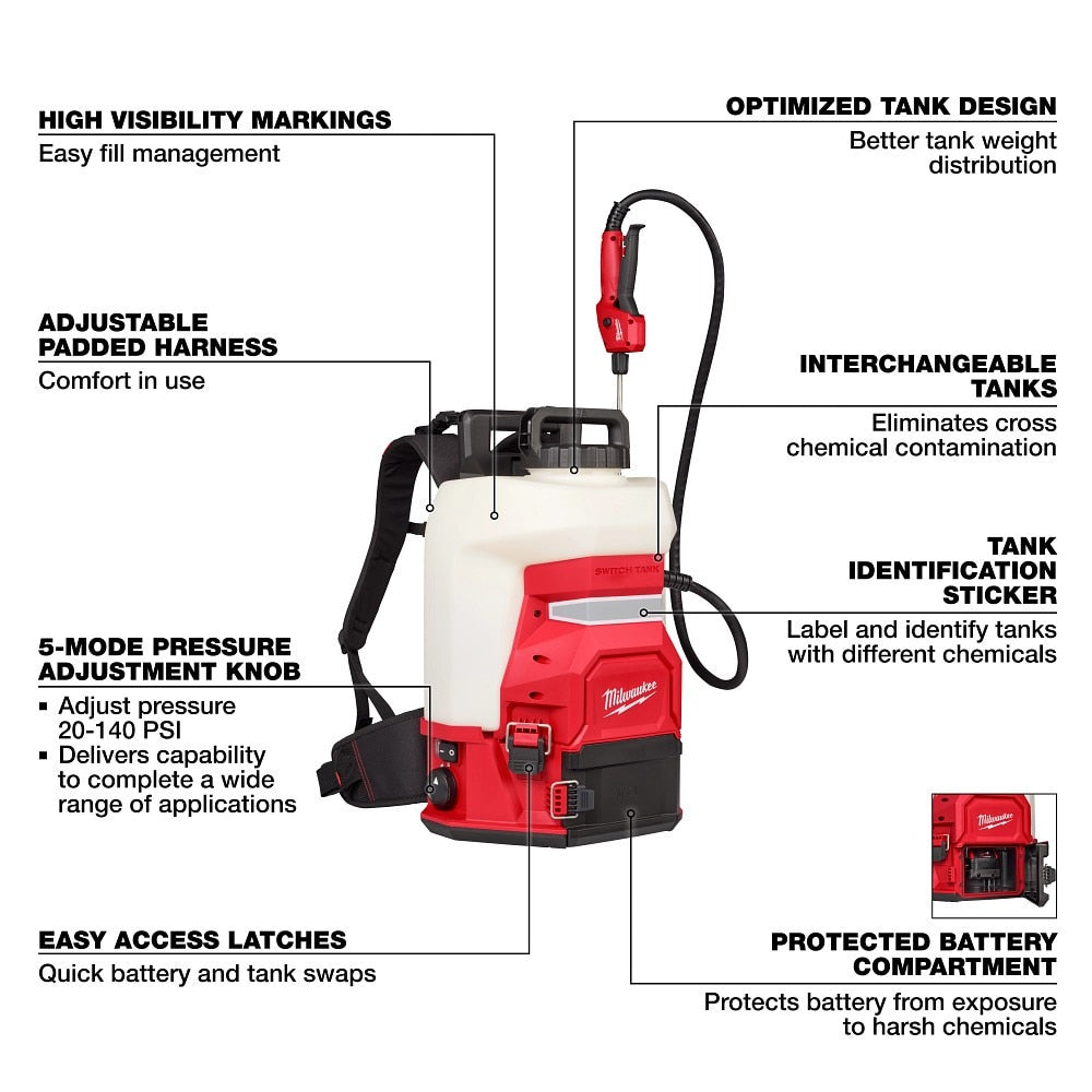 Milwaukee 3019-20PS M18 4-Gallon Backpack Sprayer w/ SWITCH TANK (Tool Only) - 3