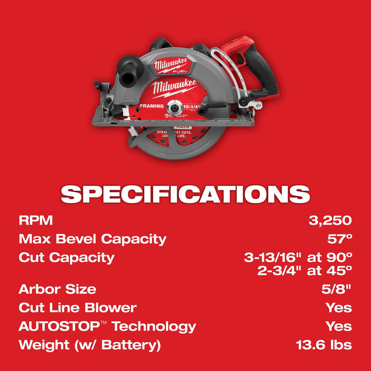 Milwaukee 3026-21HD M18 FUEL 10-1-4" Rear Handle Circular Saw Kit with Rapid Charger (12.0Ah Battery) - 9